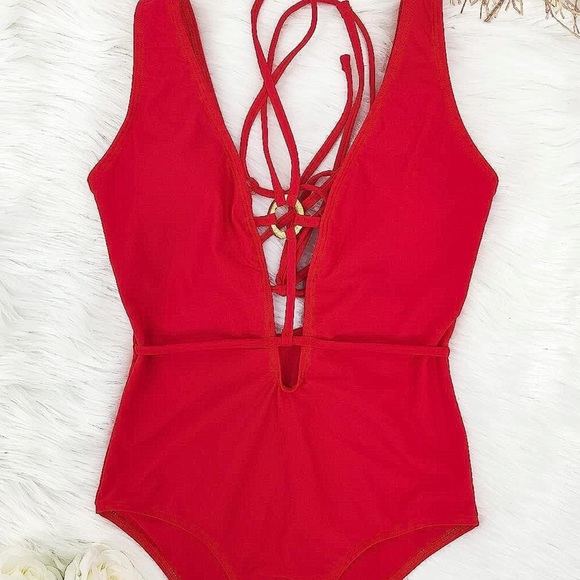 Tag on Red Plunge Lace Up One Piece Swimsuit O Ring Bathing Suits Swimwear - Picture 4 of 8